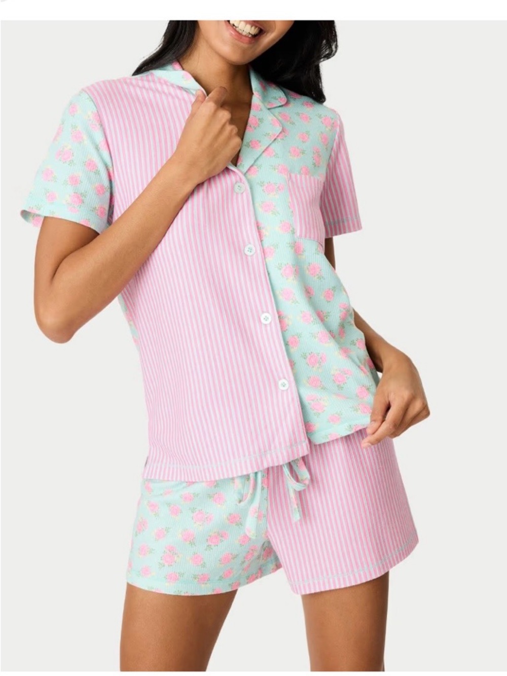 PJ Salvage Pink & Mint Floral-Stripe Short Pajama Set